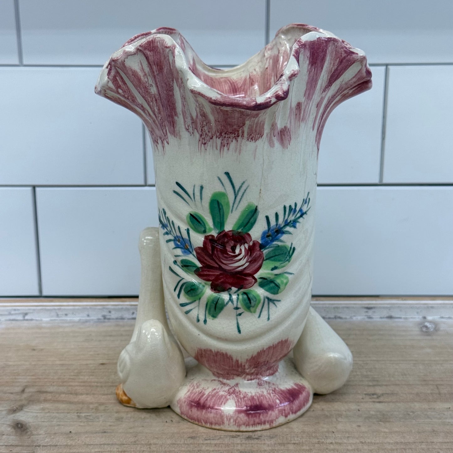 Japanese Figural Geese Floral Ceramic Vase 1950s