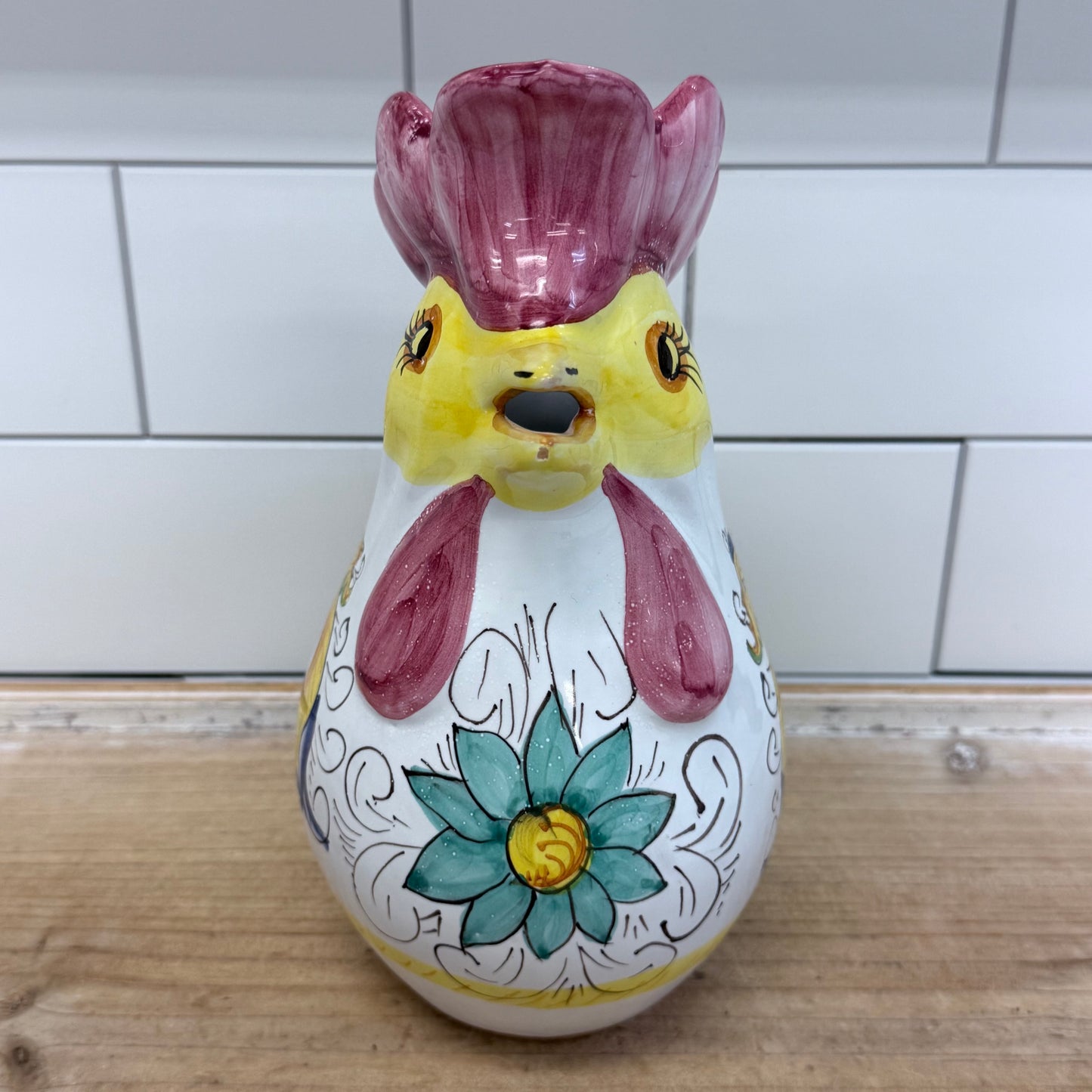 Italian Hand Painted Rooster Ceramic Pitcher Majolica Style