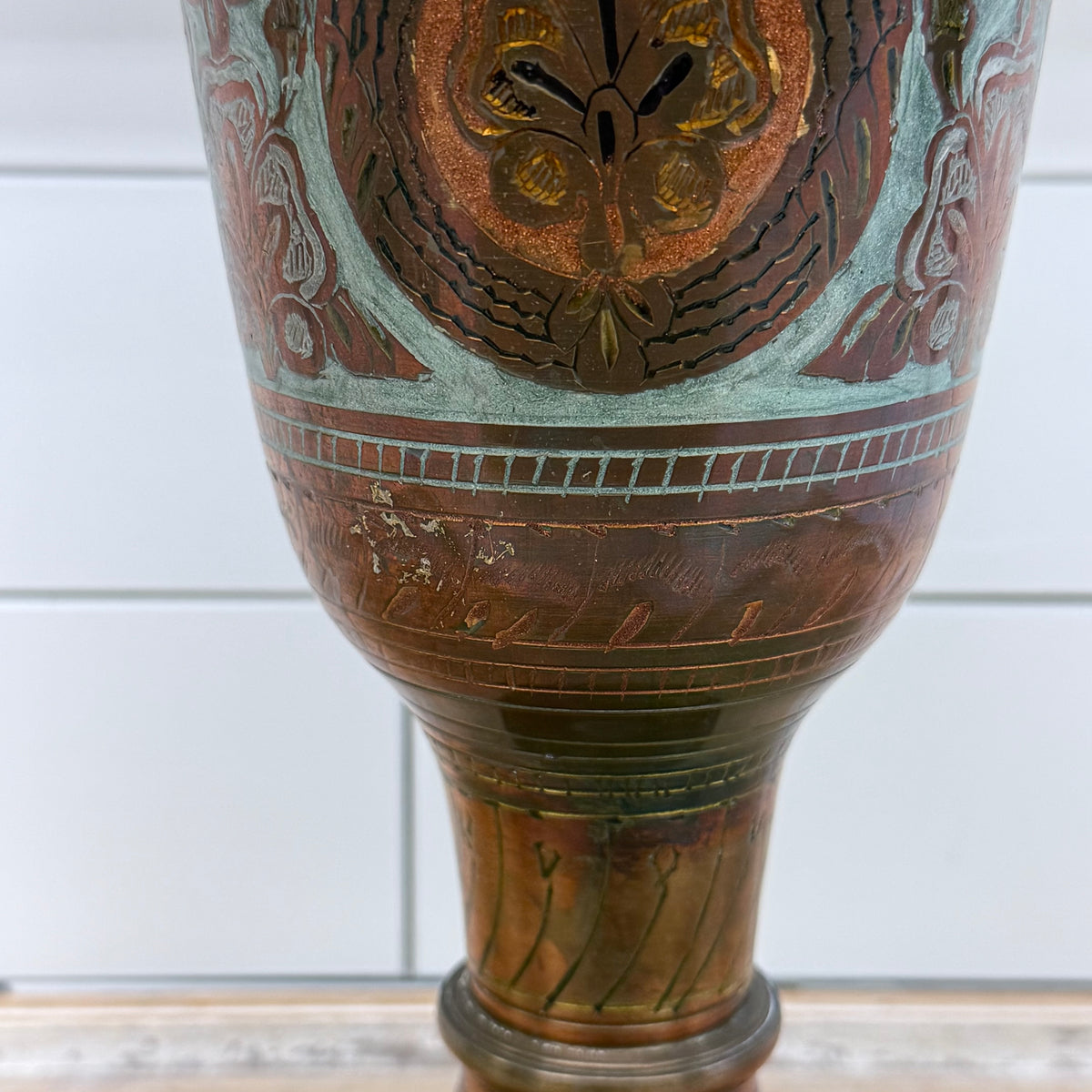 PENCO Indian Brass Engraved Floral Pedestal Vase 17”