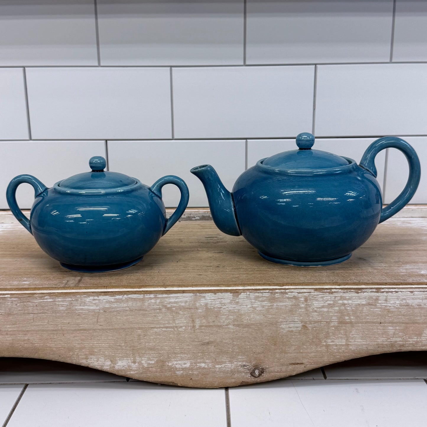 Japanese Blue Glazed Porcelain Tea Set 18 Piece Mid Century