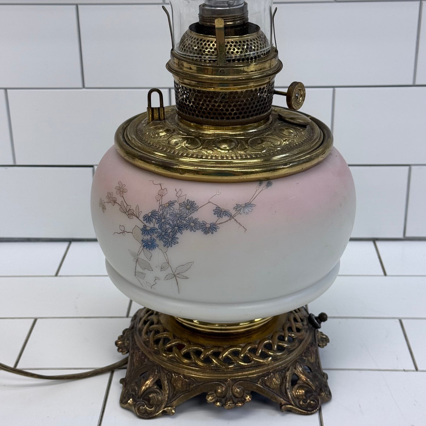 Banquet Lamp Floral Frosted Satin Glass Victorian Revival