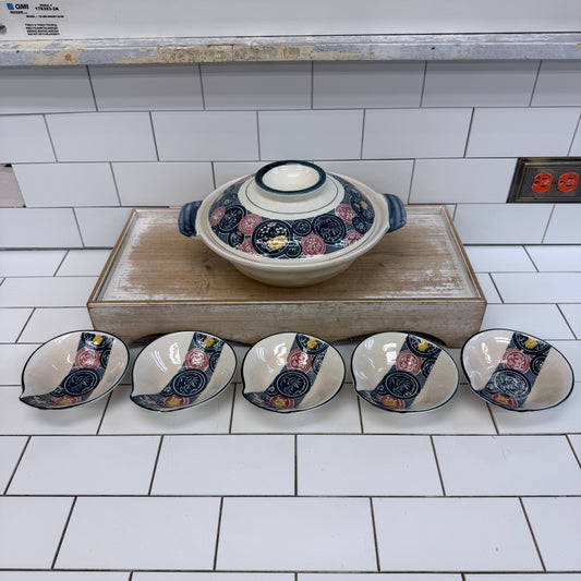 Japanese Karako Donabe Cooking Pot & Rice Bowls Set Transferware
