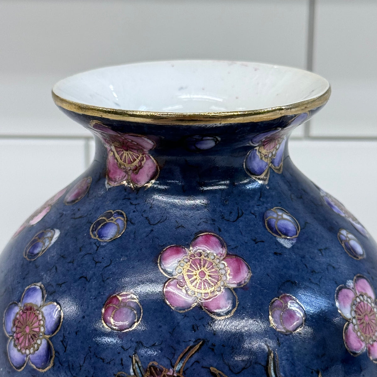 Cobalt Blue Floral Porcelain Vase Gold Trim Chinoiserie