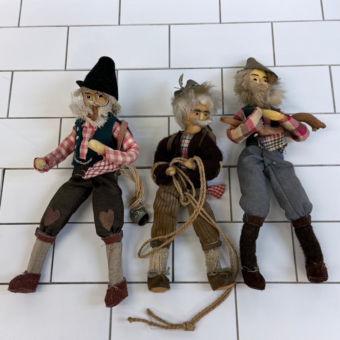 Scandinavian Alpine Folk Art Posable Dolls Set of 3 Vintage 1970s