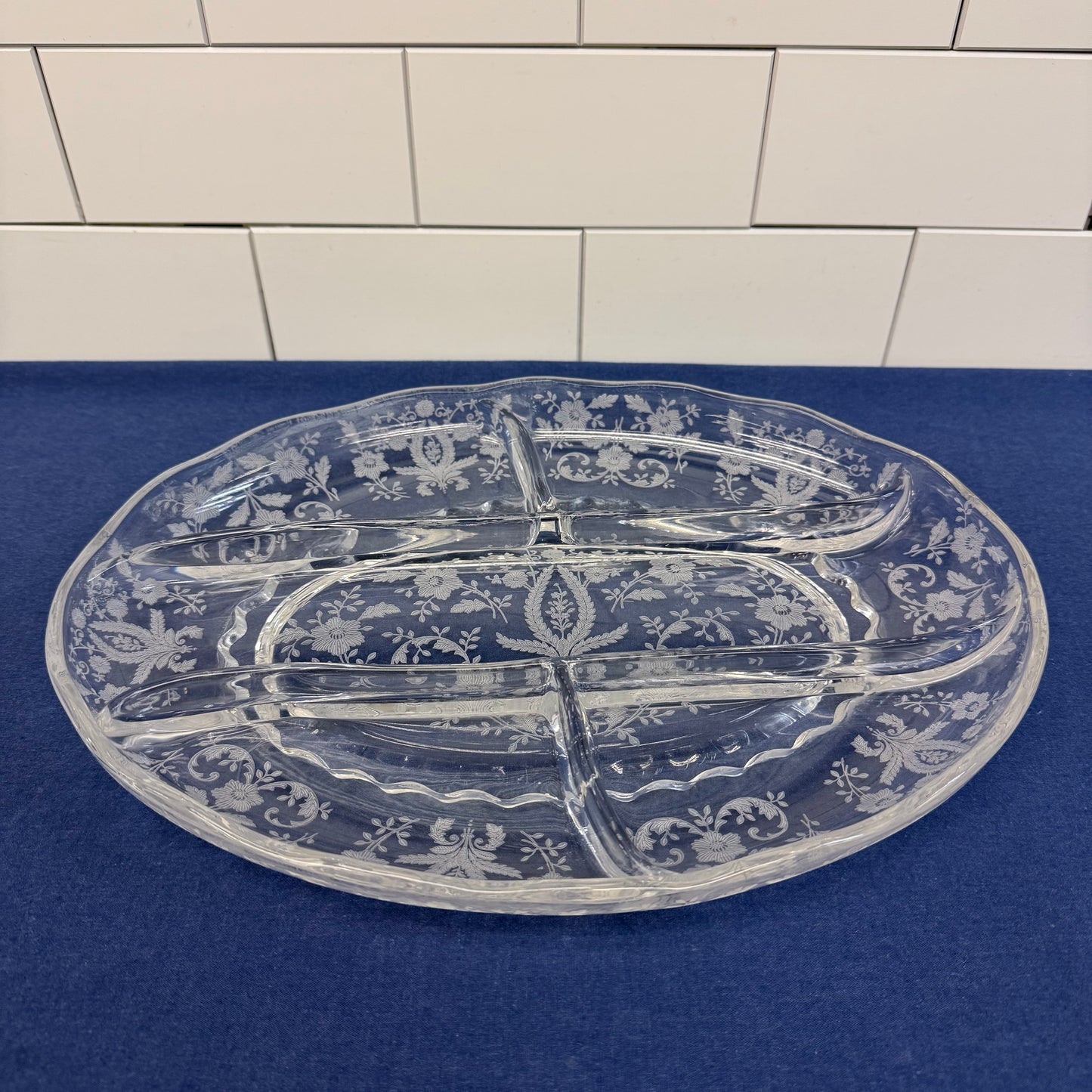 Viking Prelude Dish Relish, Floral Etched Glass