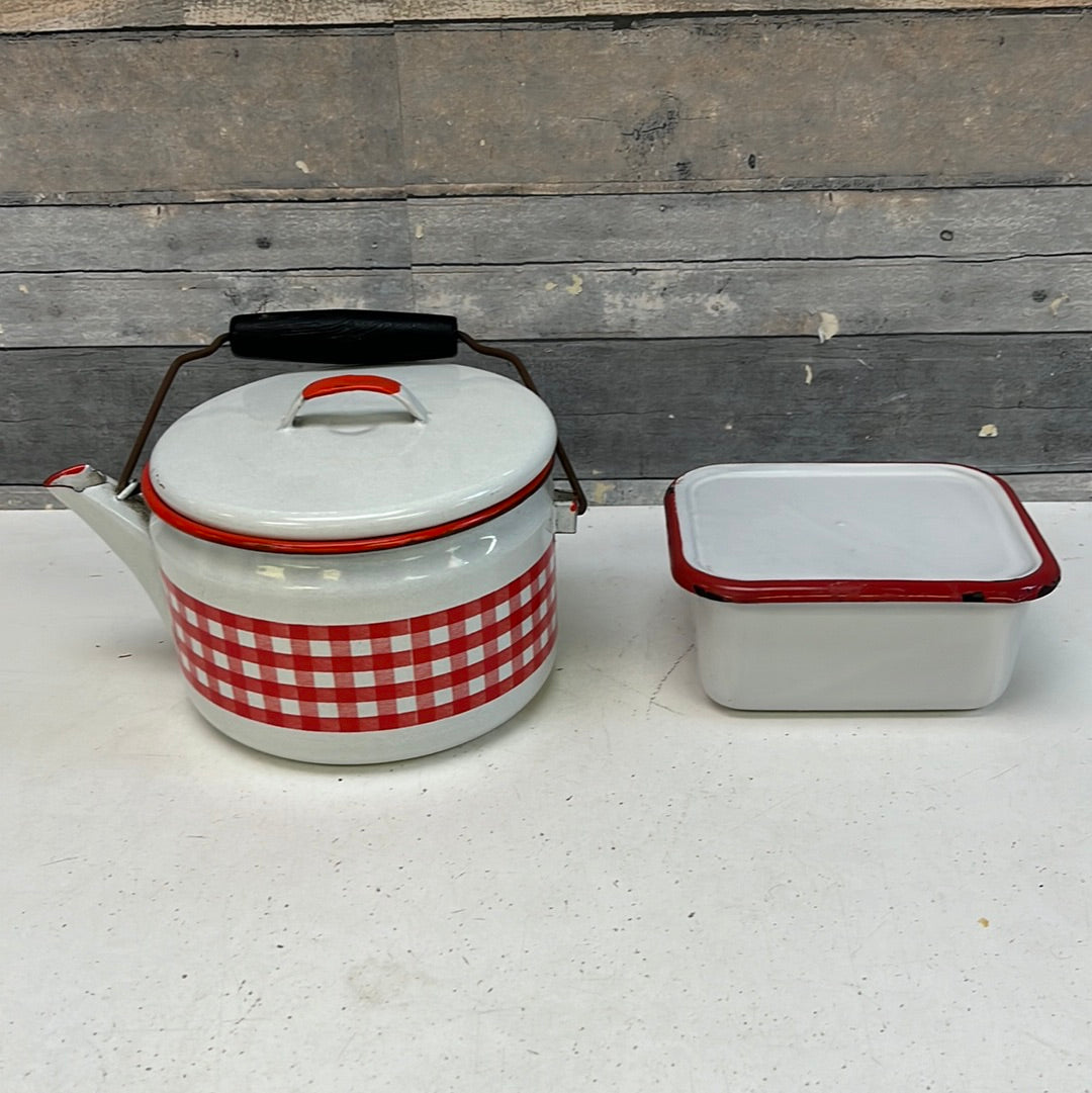 Enamelware Gingham Teapot & Storage Dish, Set of 2