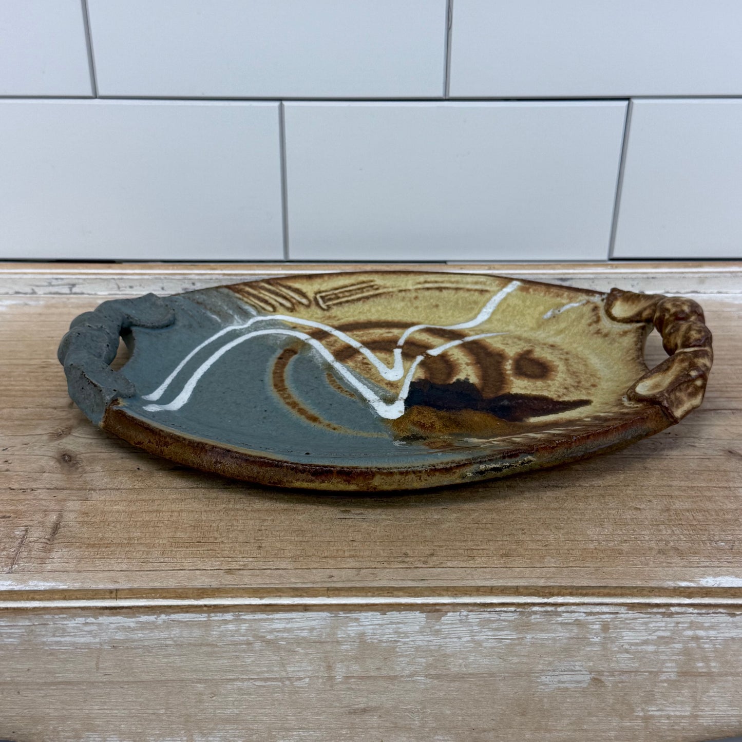 Signed Studio Art Pottery Abstract Handled Tray Stoneware
