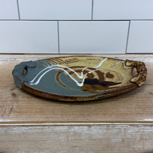 Signed Studio Art Pottery Abstract Handled Tray Stoneware