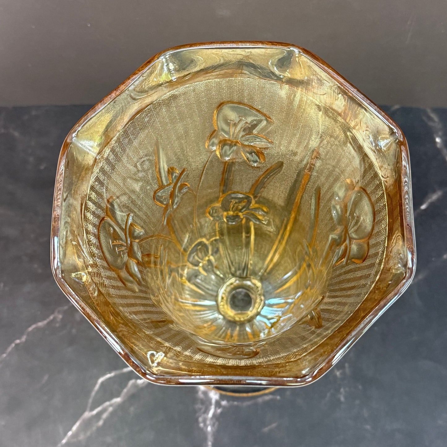 Jeannette Glass Embossed Iris and Herringbone Carnival Vase