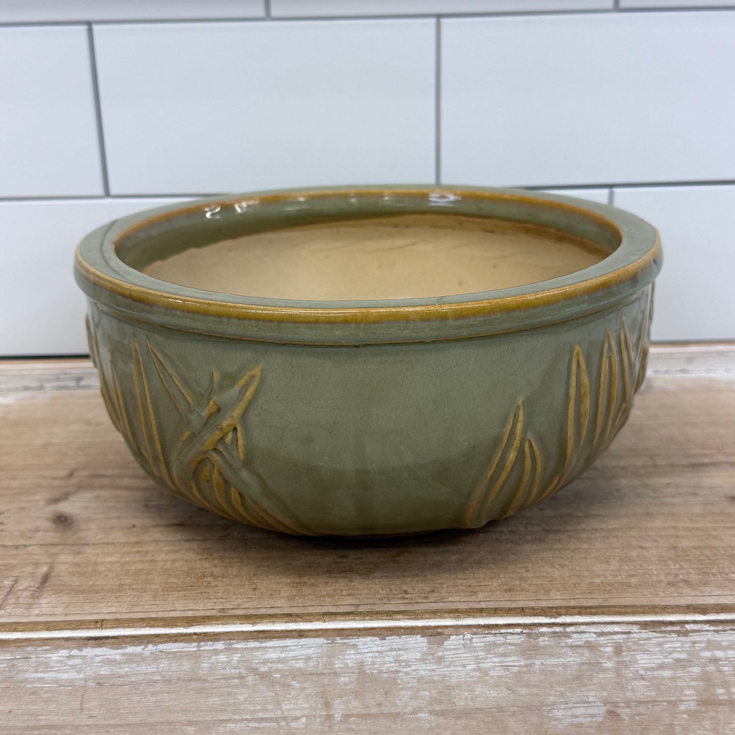 Embossed Tulip Floral Planter Sage Green Glazed Ceramic
