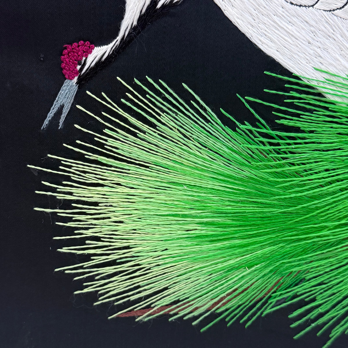 Crane Bird Embroidery Pine Tree Asian Style Textile Wall Art