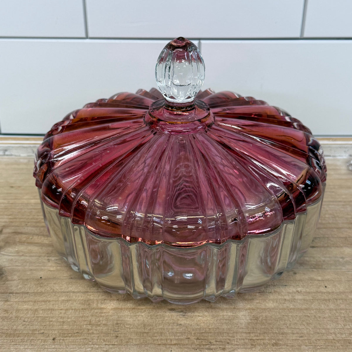Vintage Cranberry Pink Clear Pressed Glass Covered Candy Dish