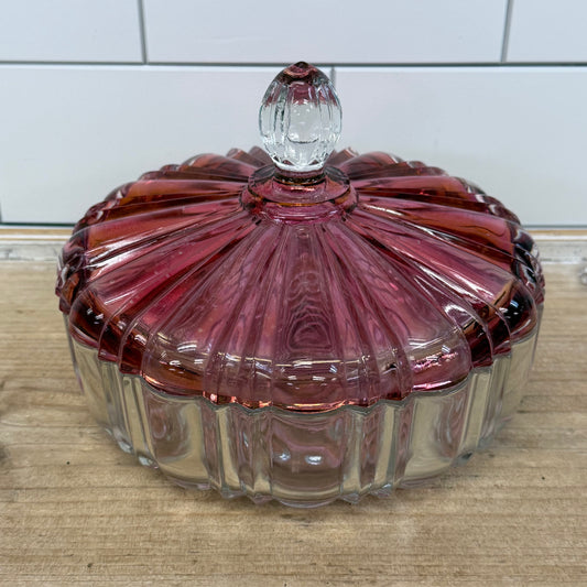 Vintage Cranberry Pink Clear Pressed Glass Covered Candy Dish