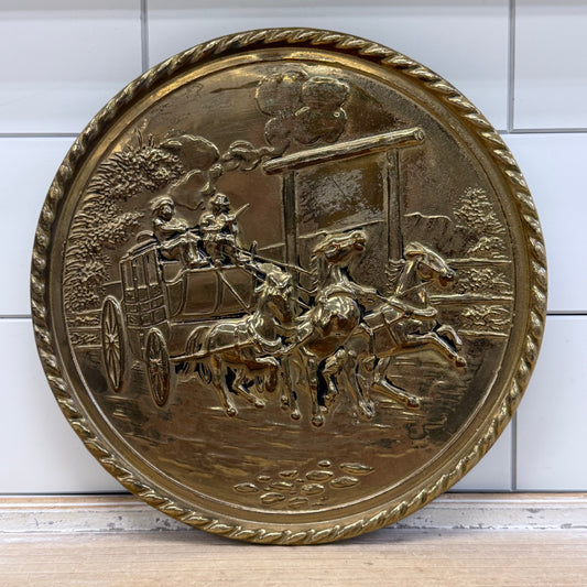 English Brass Horse Carriage Repousse Wall Plate Vintage Decor