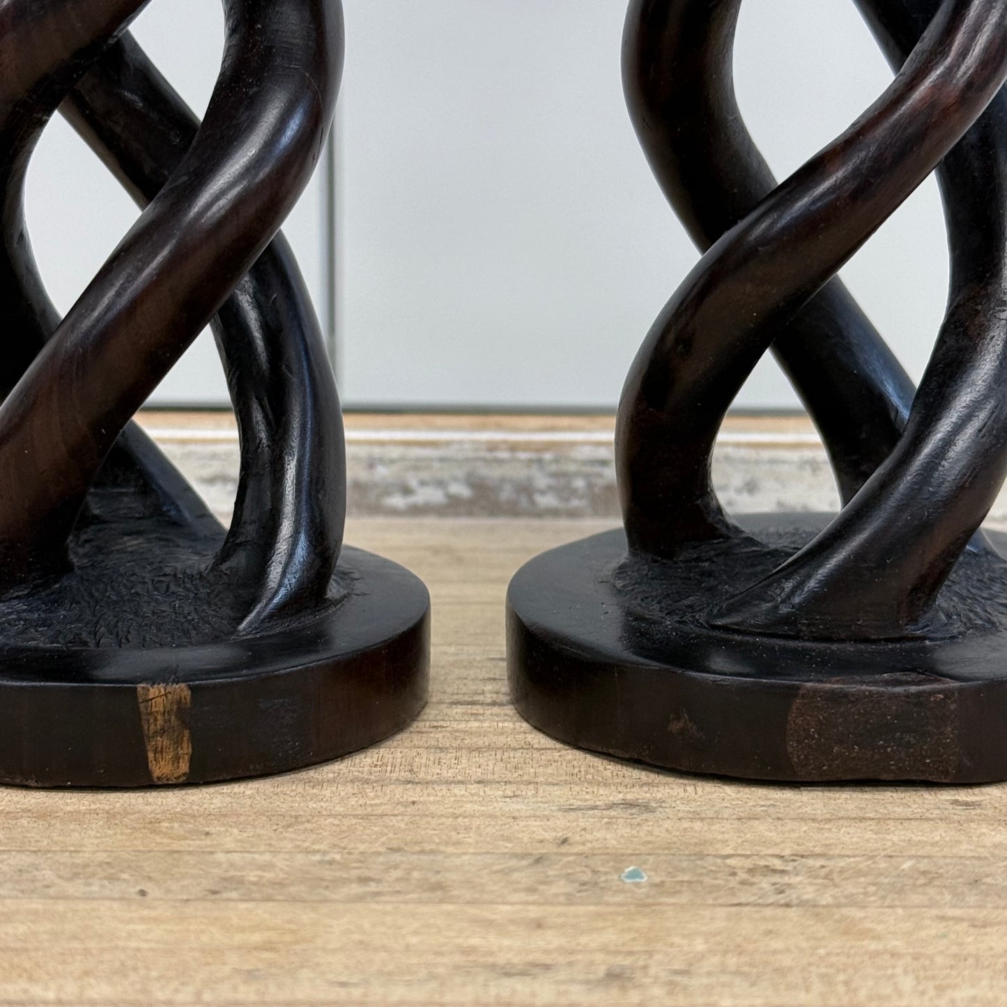 Hand Carved Twisted Helix Wood Candlestick Holders, Set of 2