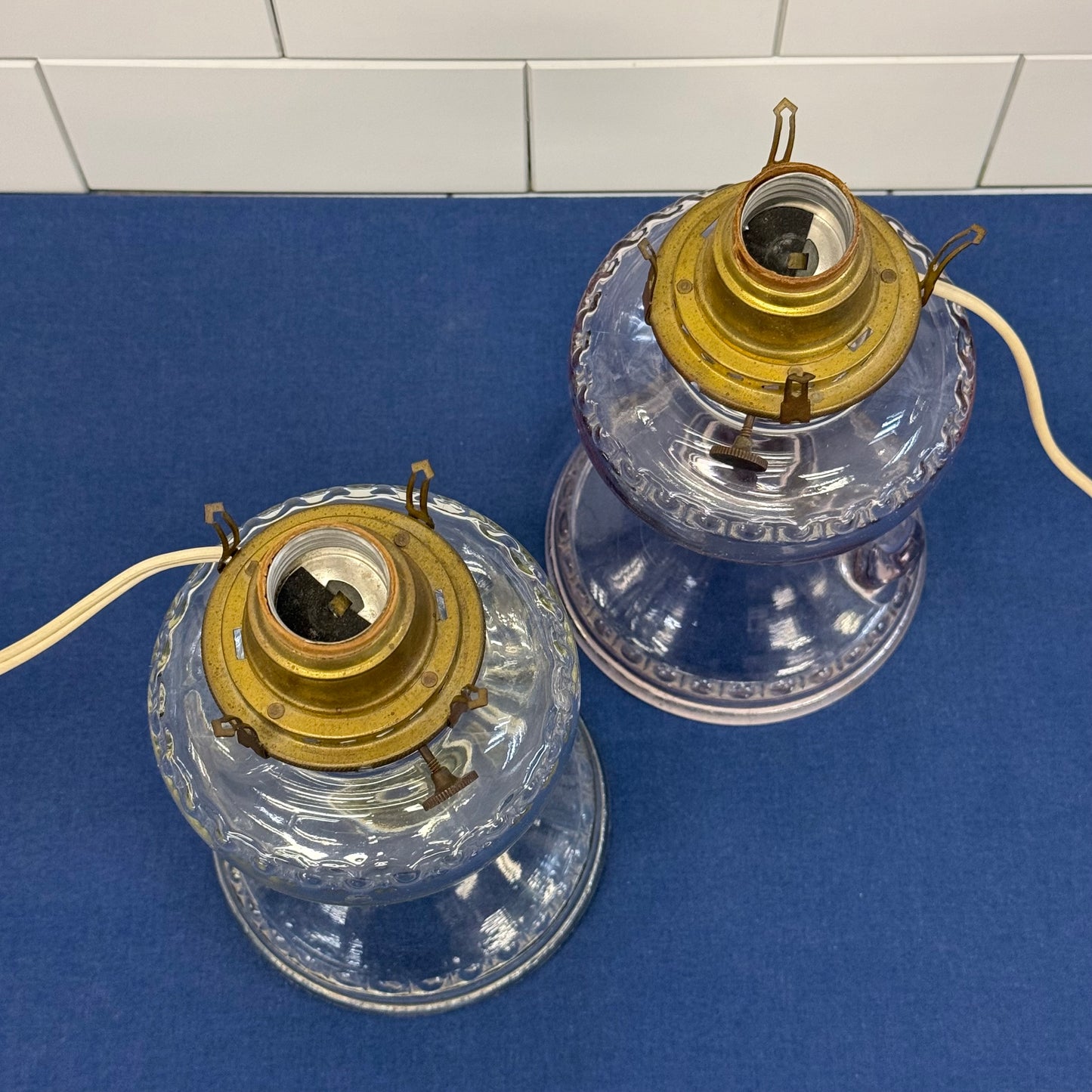 Electrified Glass Oil Finger Lamps with Chimneys Shades Set of 2