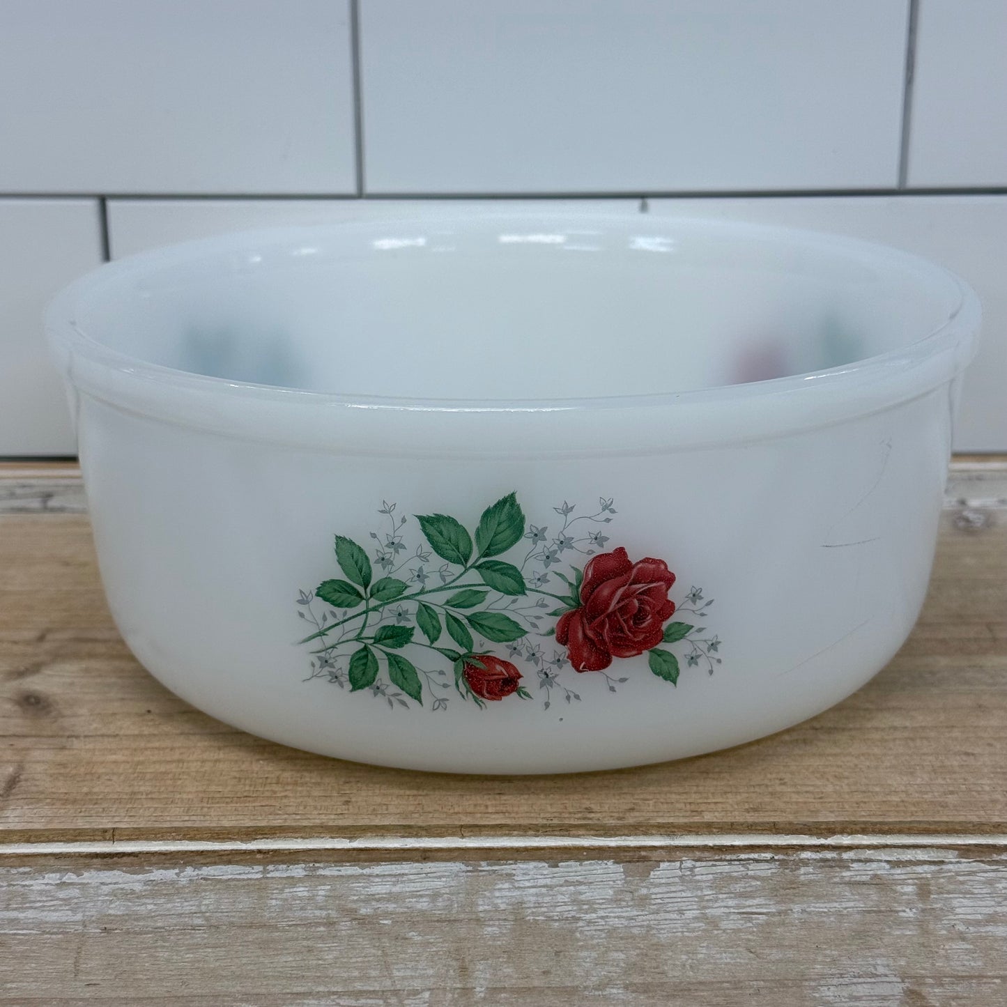 Arcopal France Rose Floral Milk Glass Serving Bowl 1970s