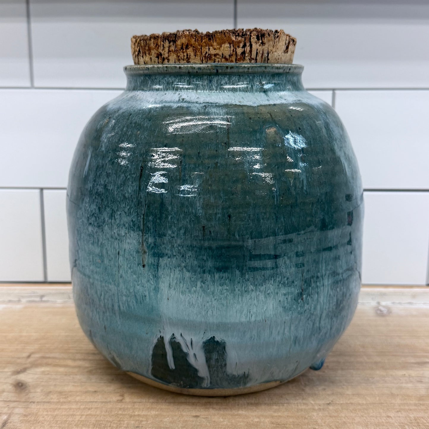 Studio Art Pottery Jar Signed with Cork Lid Blue Green Drip Glaze