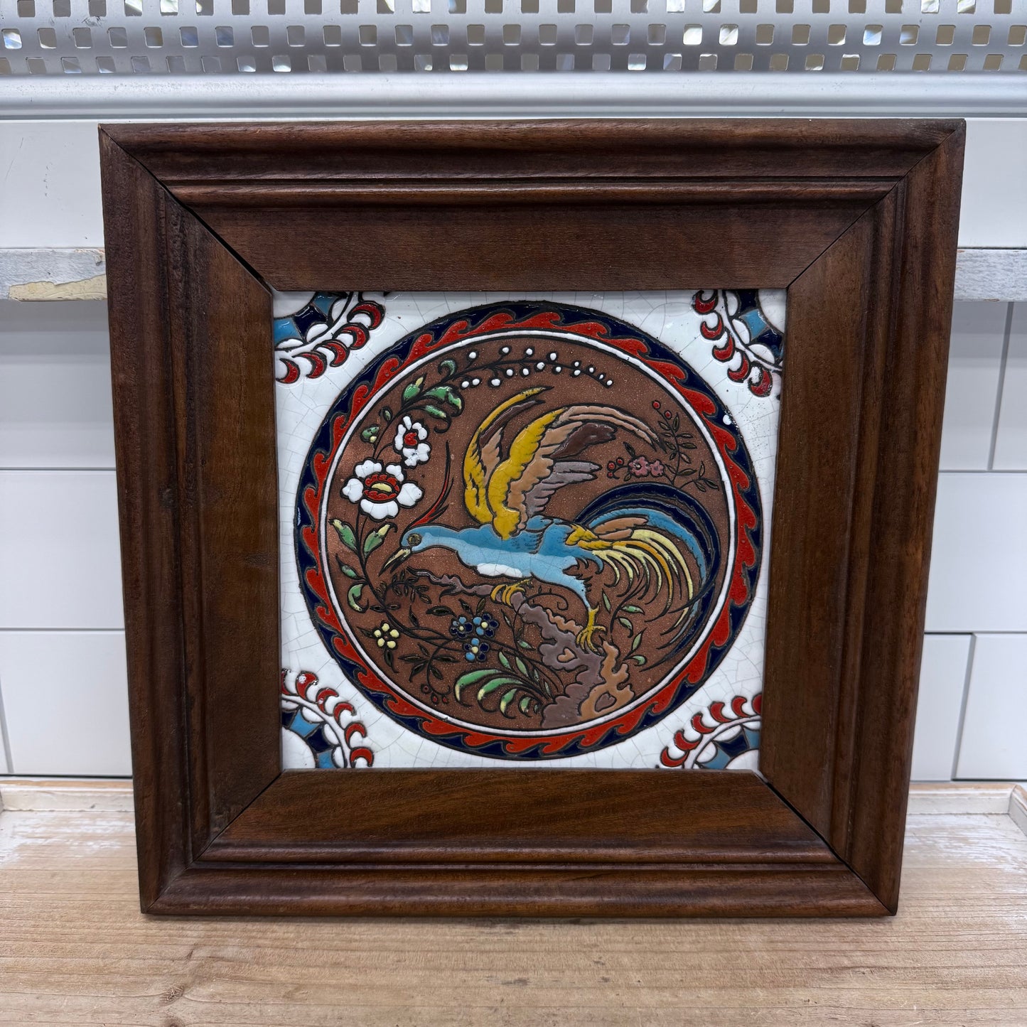 Ceramiberica Spain Framed Bird Tile, Glazed Terracotta