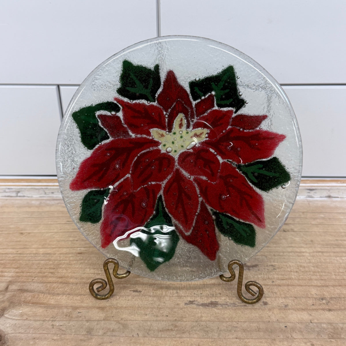 Peggy Karr Poinsettia Fused Glass Christmas Plate