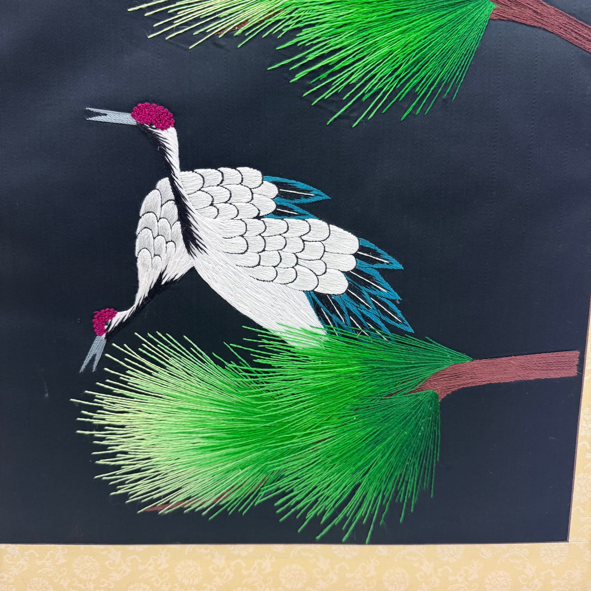Crane Bird Embroidery Pine Tree Asian Style Textile Wall Art
