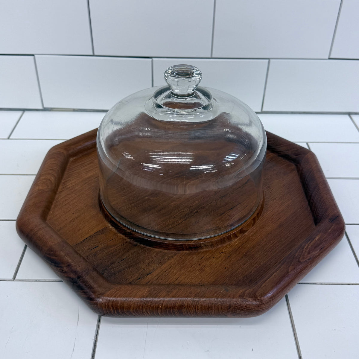 Goodwood Teak Cheese Board Glass Dome Cloche Serving Platter