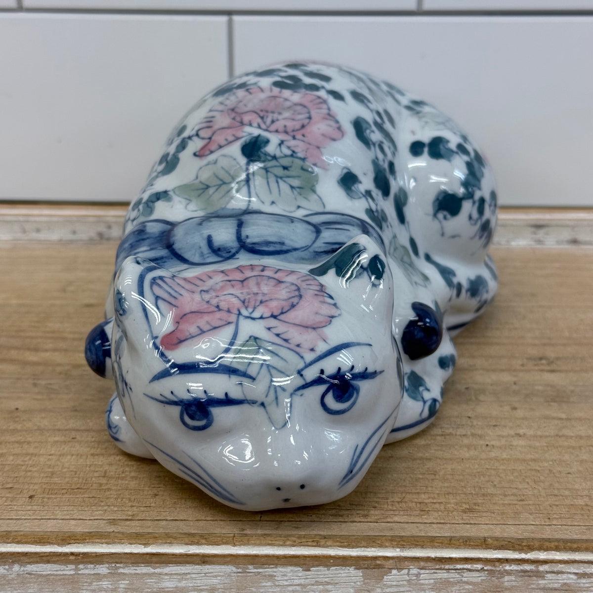 Chinoiserie Porcelain Floral Cat Figurine