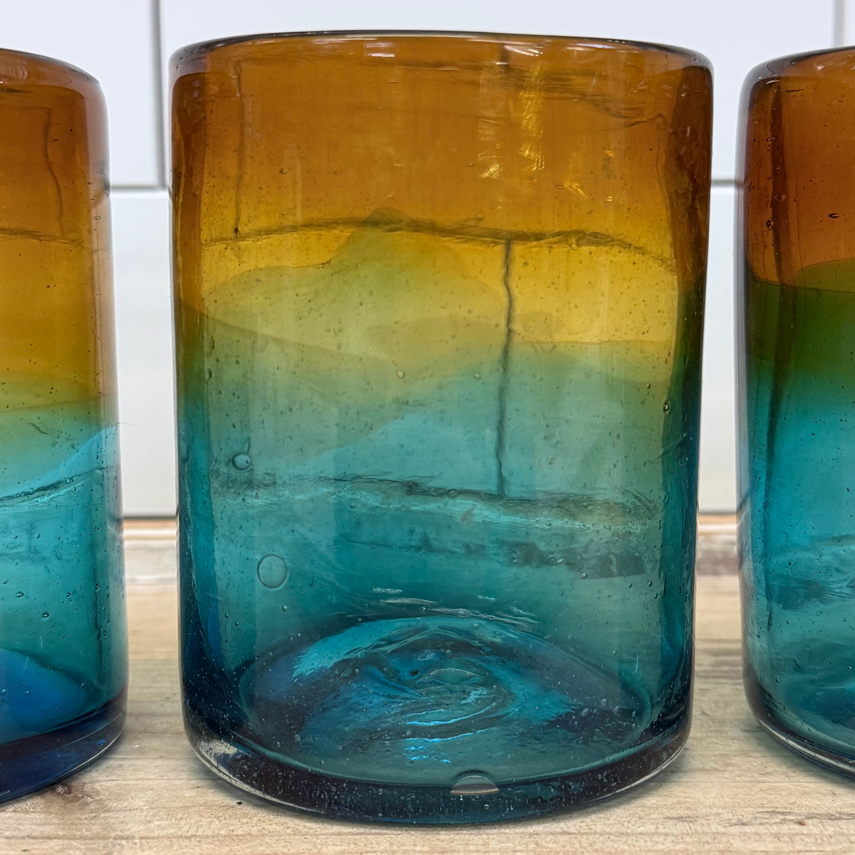 Handblown Ombré Amber Blue Green Art Glass Tumbler Set of 4