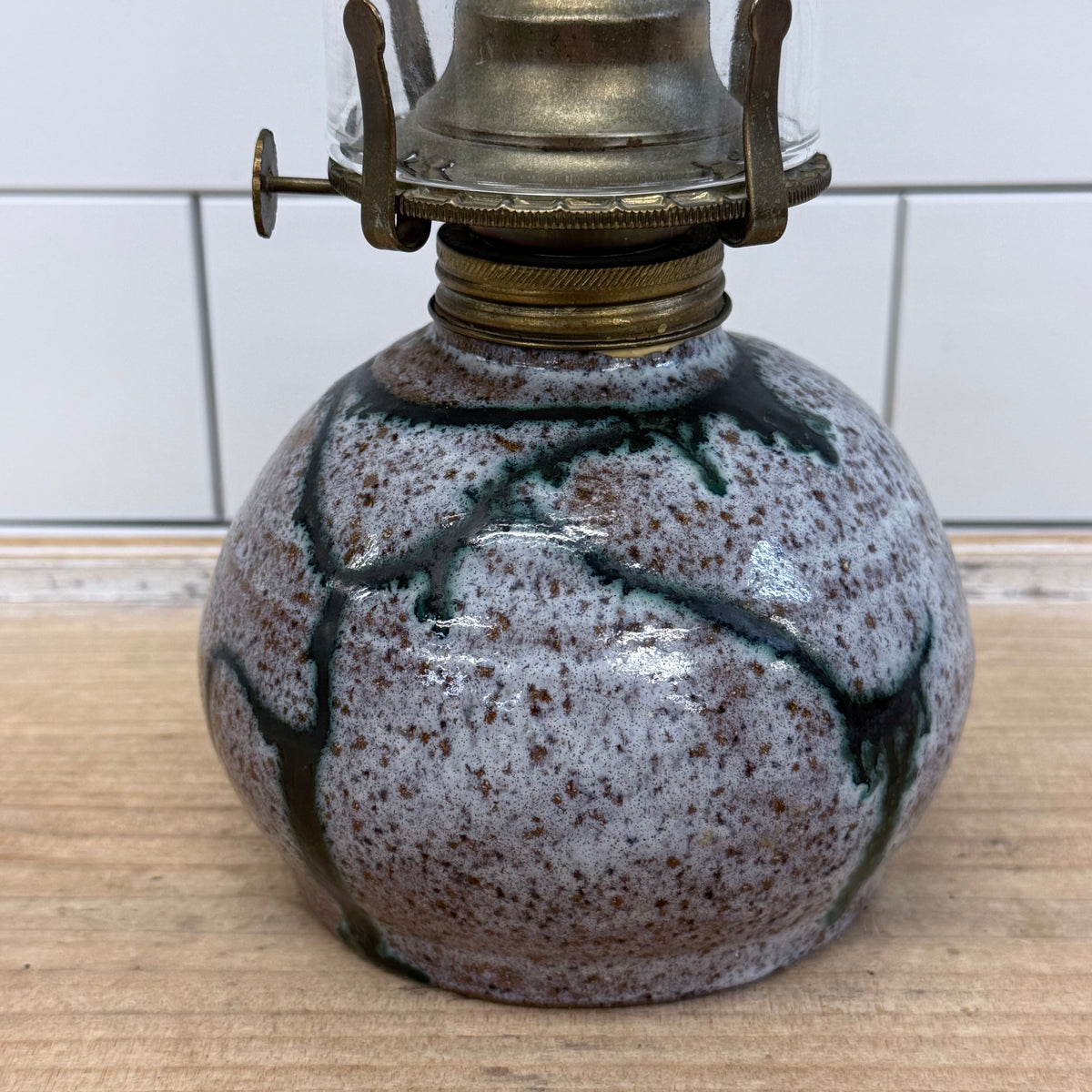 Stoneware Oil Lamp with Chimney Rustic Cottage Decor