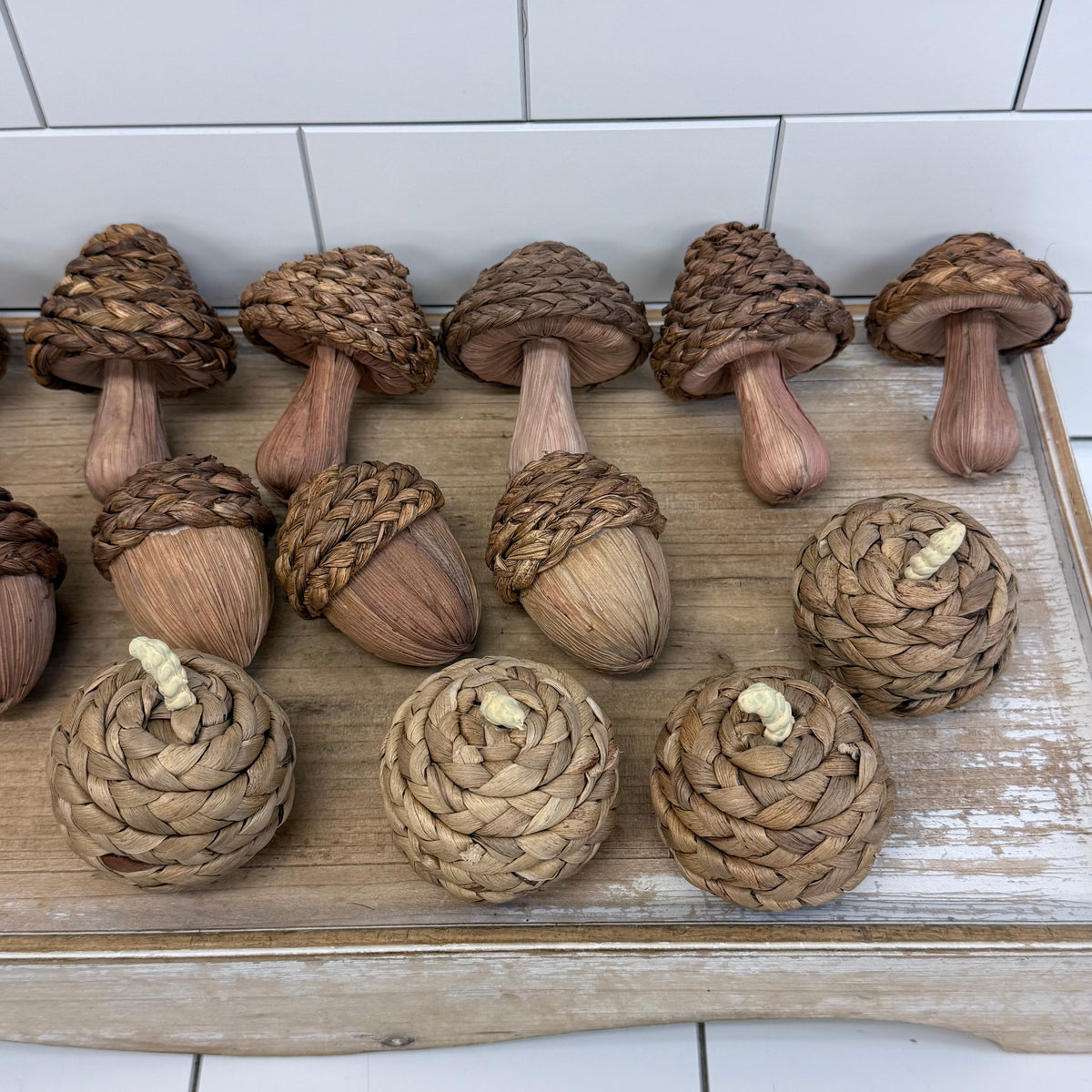Rustic Trough Bowl & Woven Mushroom Acorn Pine Cones