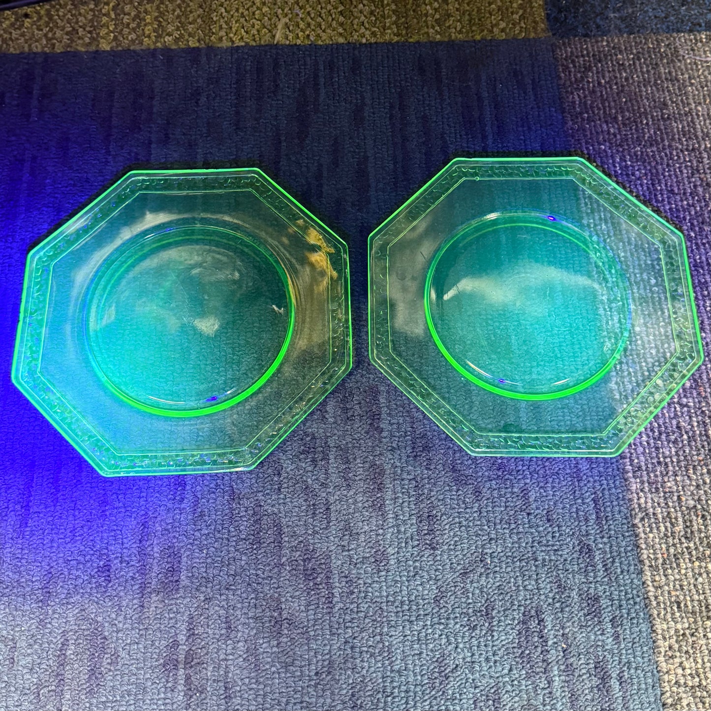Uranium Glass Octagonal Plates Set of 2 c.1930s