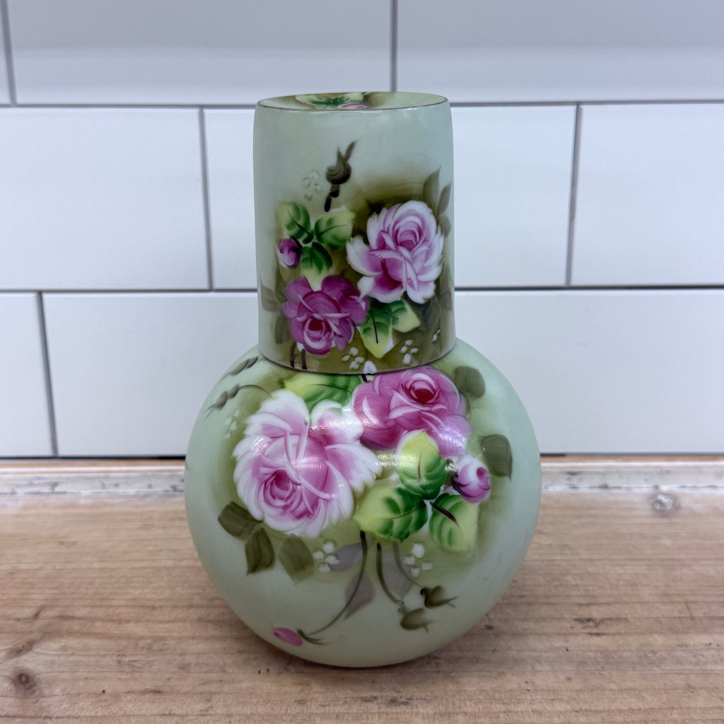 Lefton Heritage Green Rose Bedside Carafe & Cup 1950s-1960s