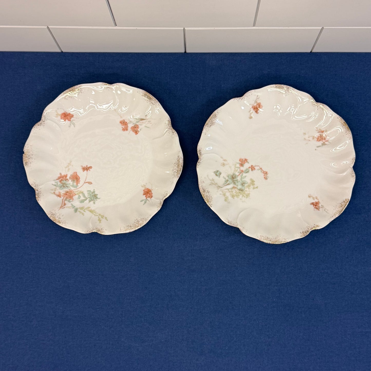 Antique European Porcelain Plates Set of 8 Hand Painted Floral Gilt Rim