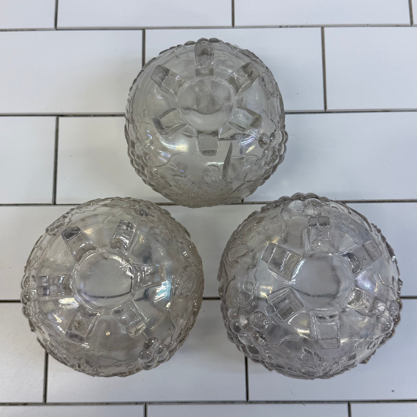 Dugan Grape Delight White Carnival Glass Bowls, Set of 3 c.1910s