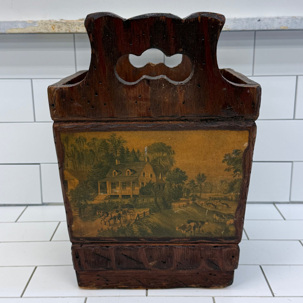 Colonial Americana Wood Wastebasket Scenic Panels