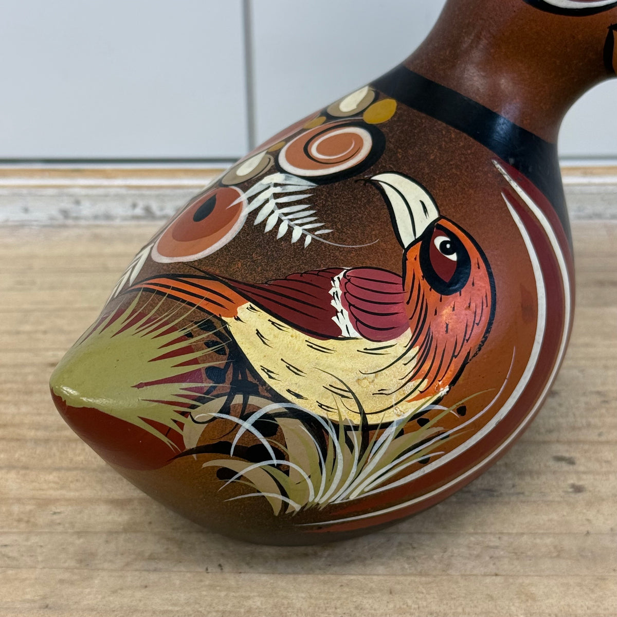 Vintage Mexican Folk Art Hand Painted Pottery Pheasant Bird