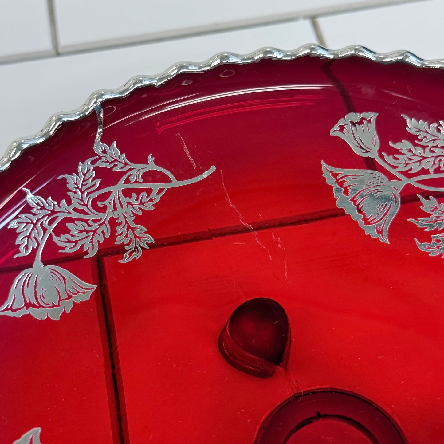 Ruby Red Glass Centerpiece Silver Overlay Bowl Decor