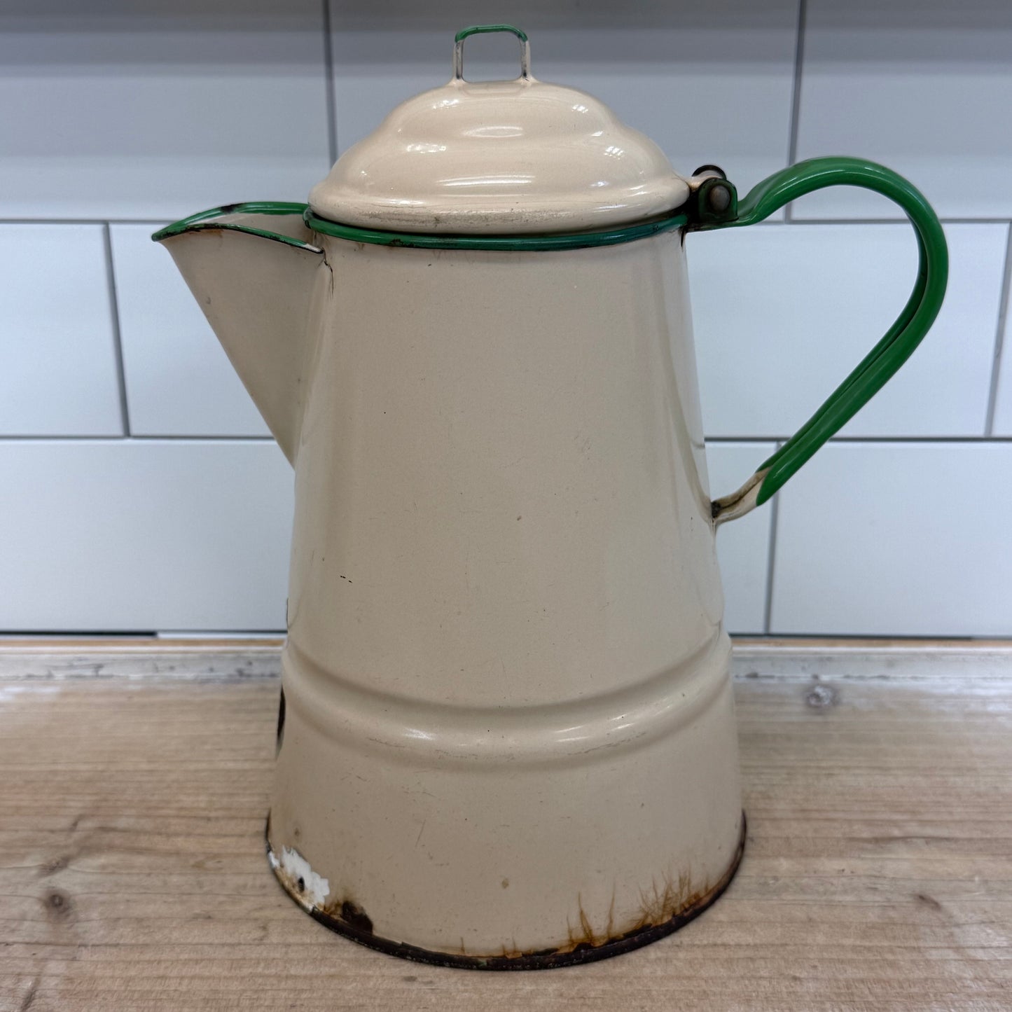 Farmhouse Cream Green Enamelware Coffee Pitcher