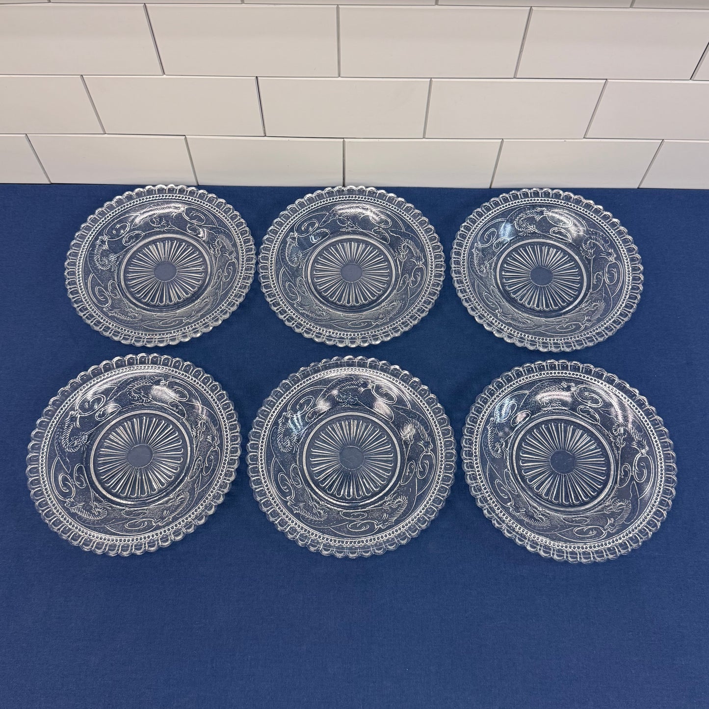 Vintage Dragon Motif Pressed Glass Plates Set of 11 Clear Dessert Plates