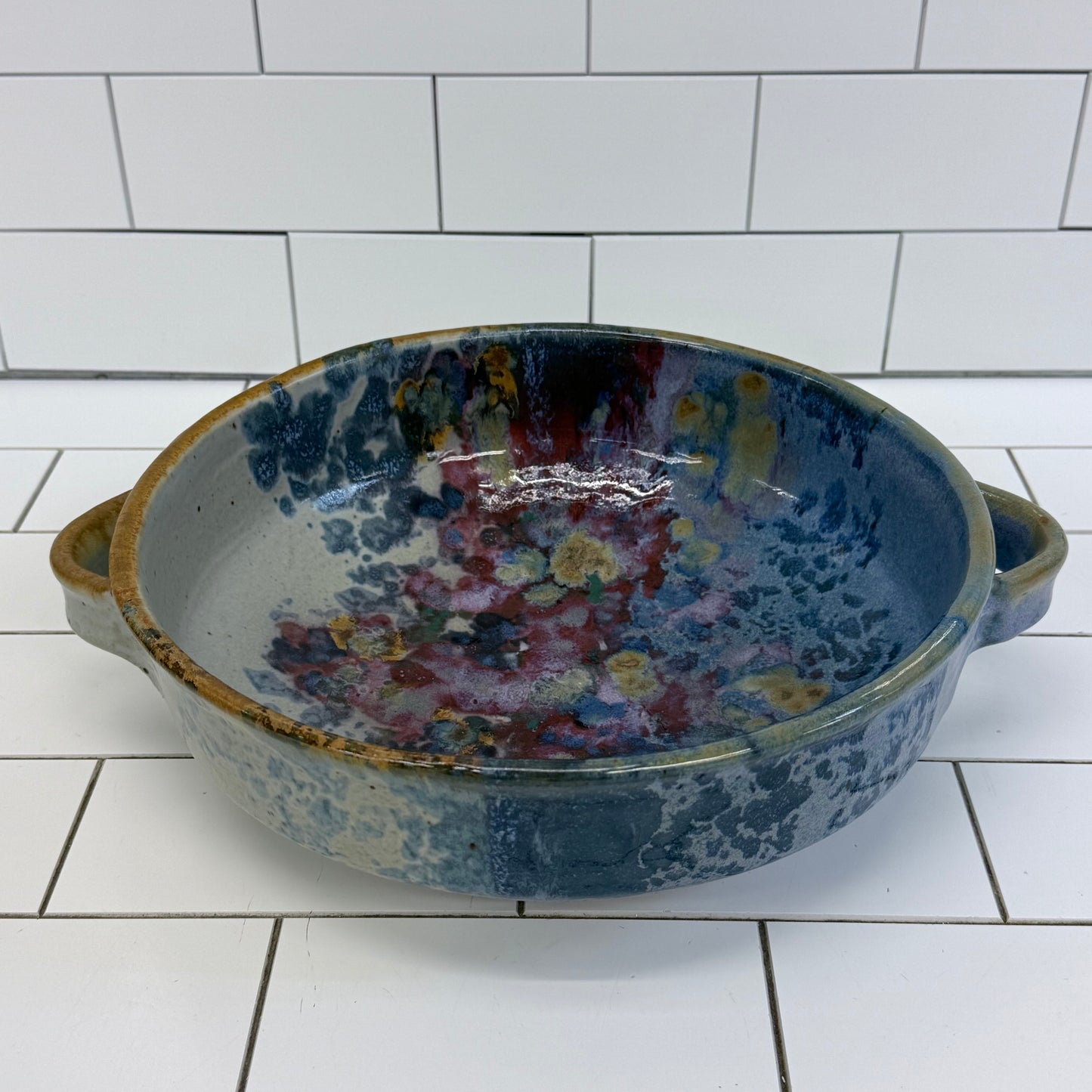Studio Art Pottery Crystalline Glaze Double Handled Stoneware Bowl