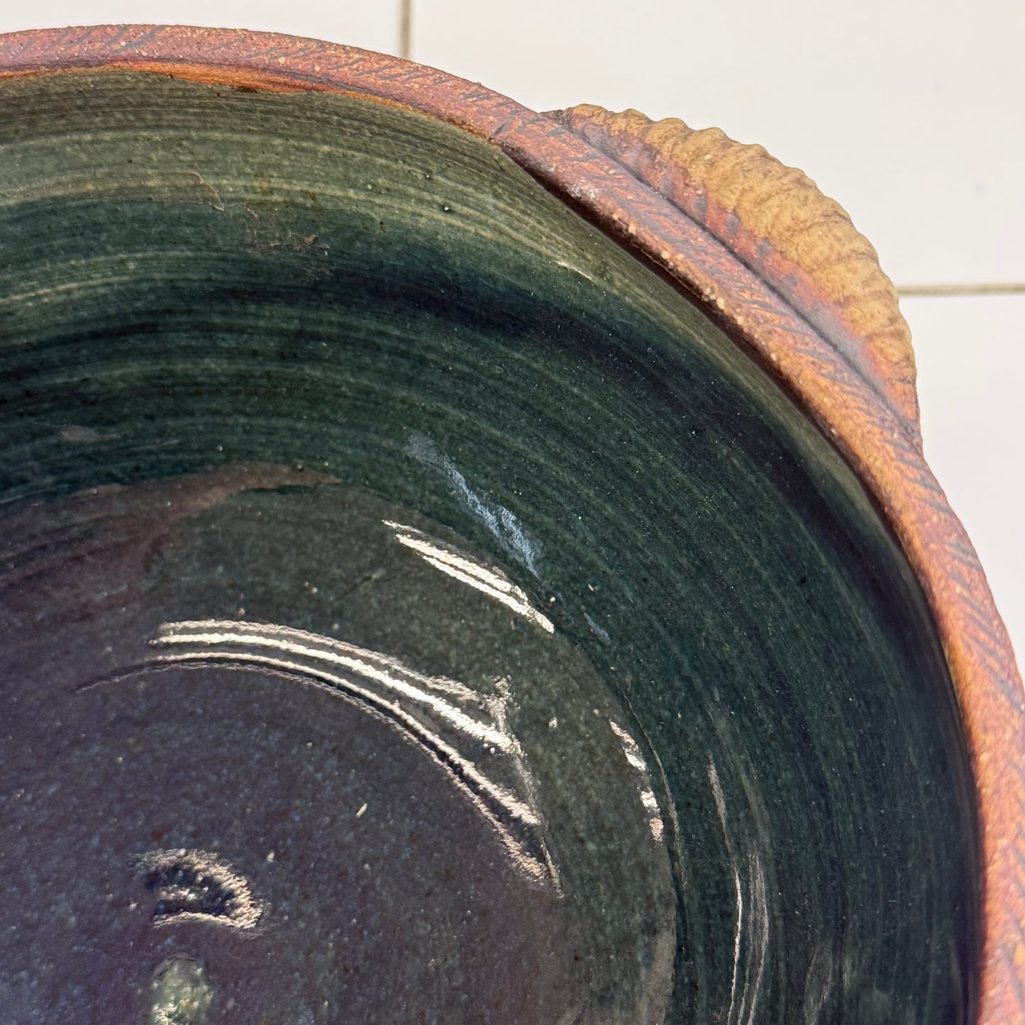Studio Art Pottery Spiral Handled Bowl, Signed, Glazed Stoneware