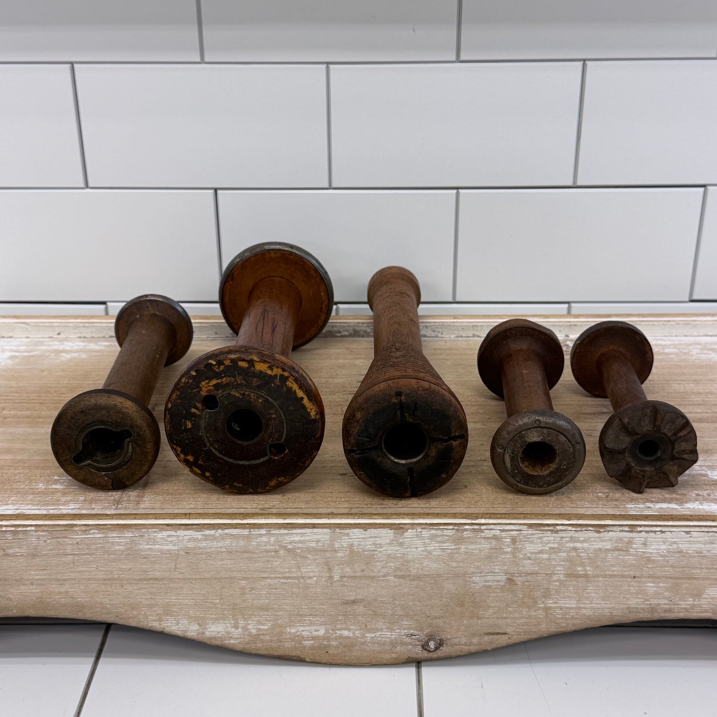 Wooden Textile Mill Bobbins Thread Spools Lot of 5