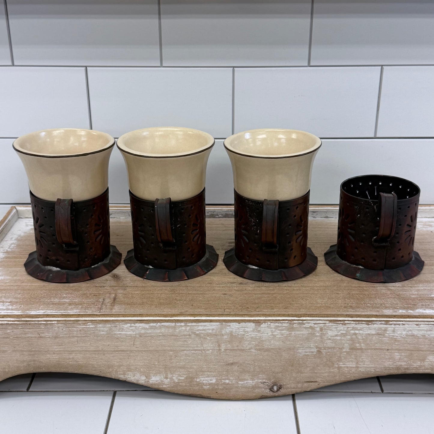 Pfaltzgraff Village Copper Mug Holders & Stoneware Inserts Set