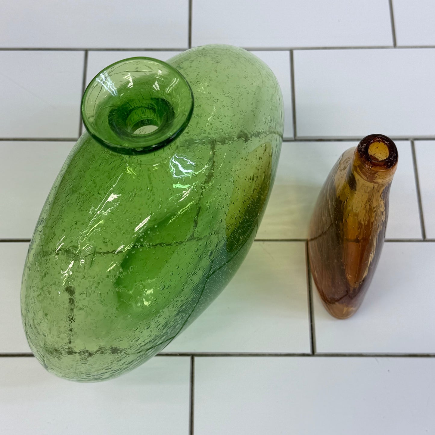 Mexican Seeded Art Glass Vases Green & Amber Hand Blown Set of 2