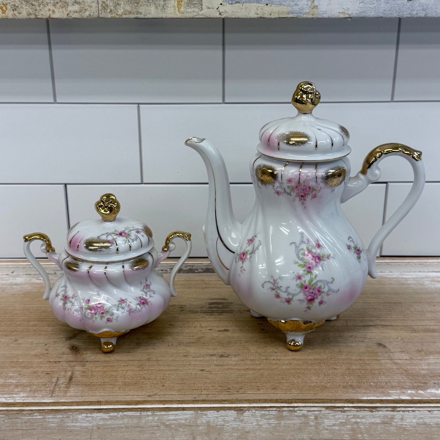 Lefton Heirloom Rose Teapot & Sugar Bowl Porcelain