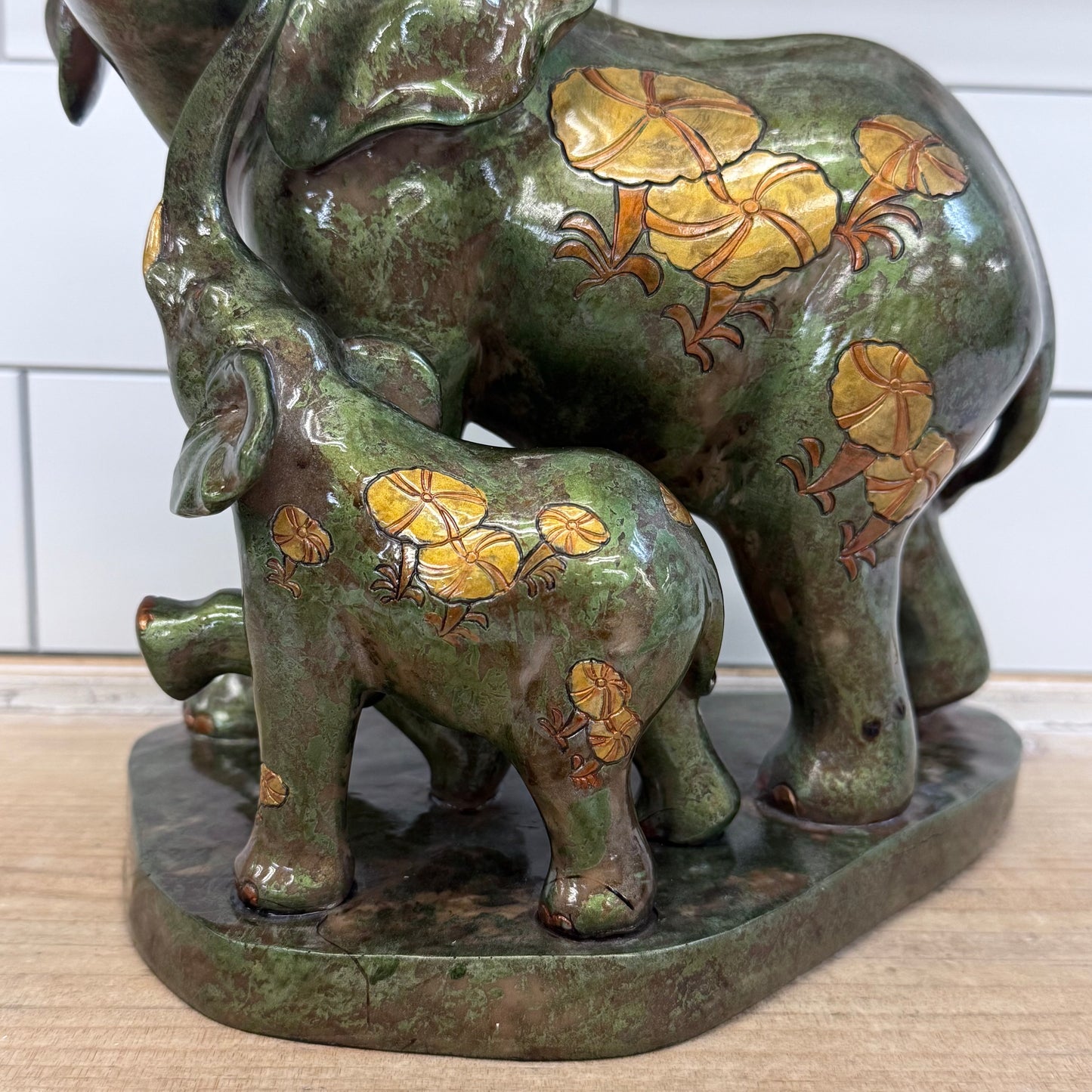 Mother Elephant Calf Figurine Faux Bronze Floral Statue