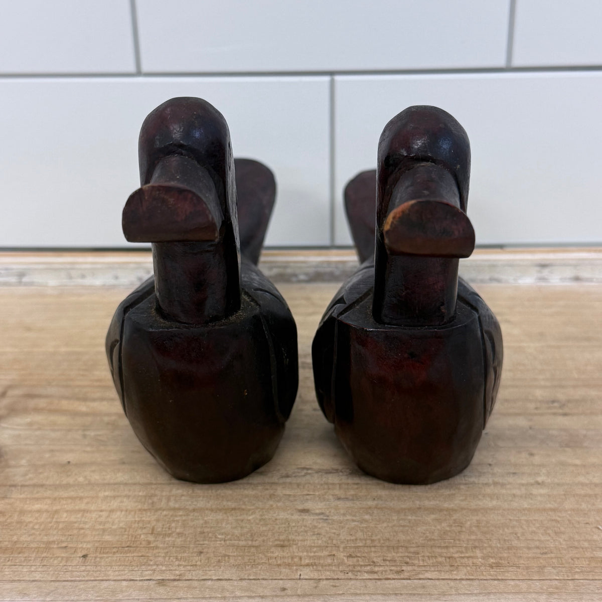 Duck Figurines Pair Hand-Carved Wood - Rustic Lodge Decor