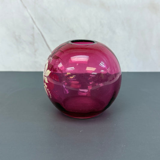 Hand Painted Floral Cranberry Glass Ball Vase