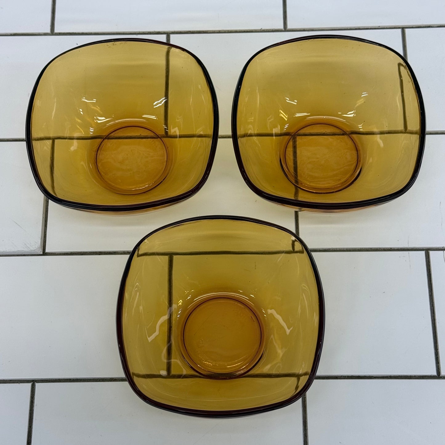 Anchor Hocking & Vereco France Amber Glass Serving Bowls with Stands, Lot of 2