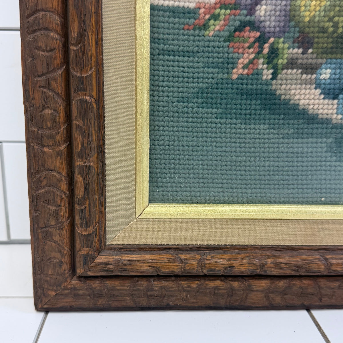 Fruit Still Life with Blue Pitcher Framed Needlepoint Art